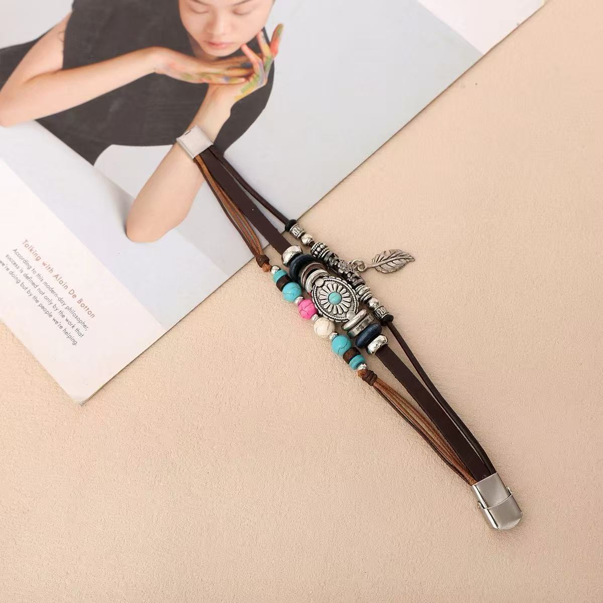 Bohemian Ethnic Style Retro Indian Style Leaves Turquoise Stainless Steel Leather Bracelet