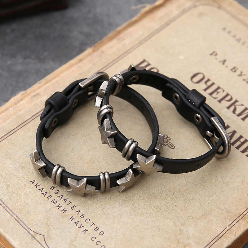 Men's Ornament Personality Street Punk Five-pointed Star Retro Cattle Leather Bracelet