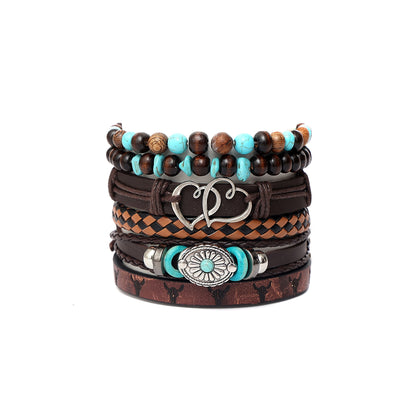 Multi-layer Peacock Feather Leather Woven Match Sets Multi-color Mixed Bracelet Diamond