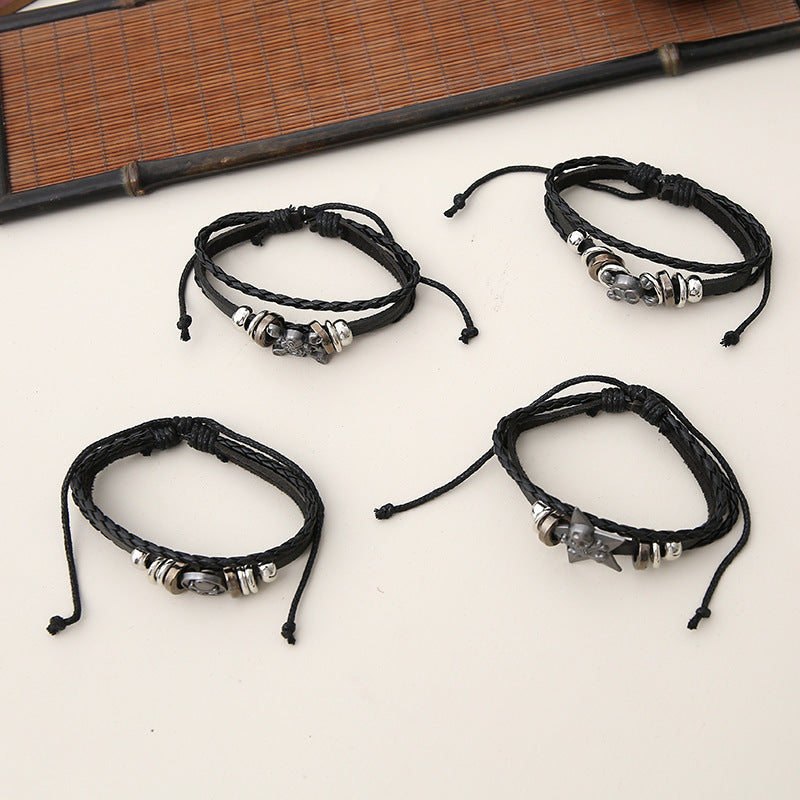 Punk Leather Bracelet Men's Hand Decoration Alloy Bracelet Fashion Woven Skull