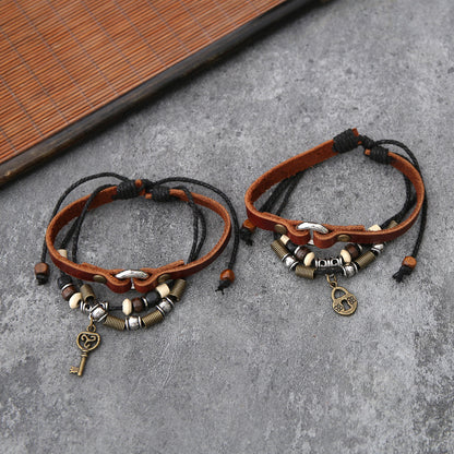 New Retro Style Handmade Braided Bracelets Fashion Simple Couple Key Lock Leather Bracelet