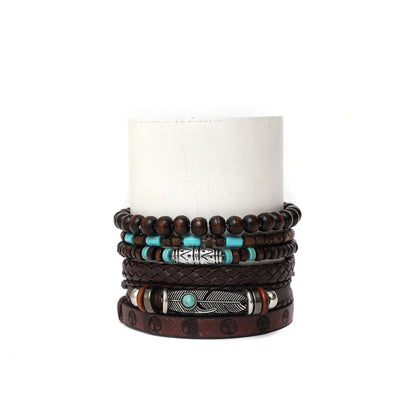 Multi-layer Peacock Feather Leather Woven Match Sets Multi-color Mixed Bracelet Diamond