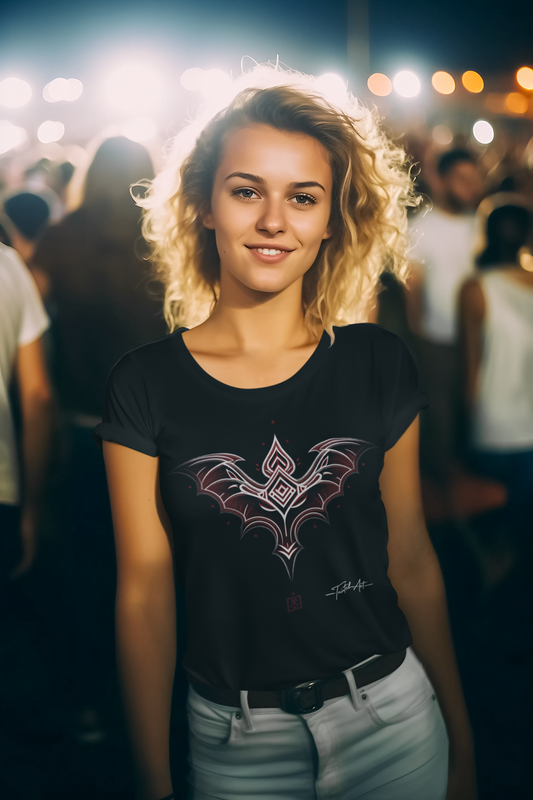 Dark Notes Women's Graphic Tee — Red Gothic Bat Tribal Design