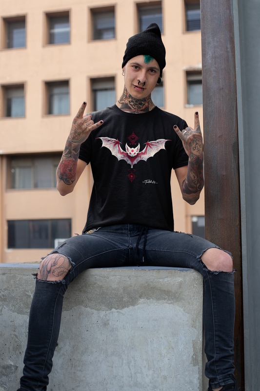 Dark Notes Gothic Red Bat Graphic Tee — Dark Tribal Wing Design