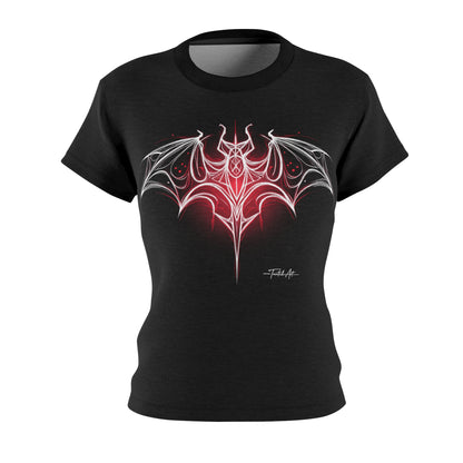 Dark Notes Women's Graphic Tee — Red Gothic Bat Tribal Design