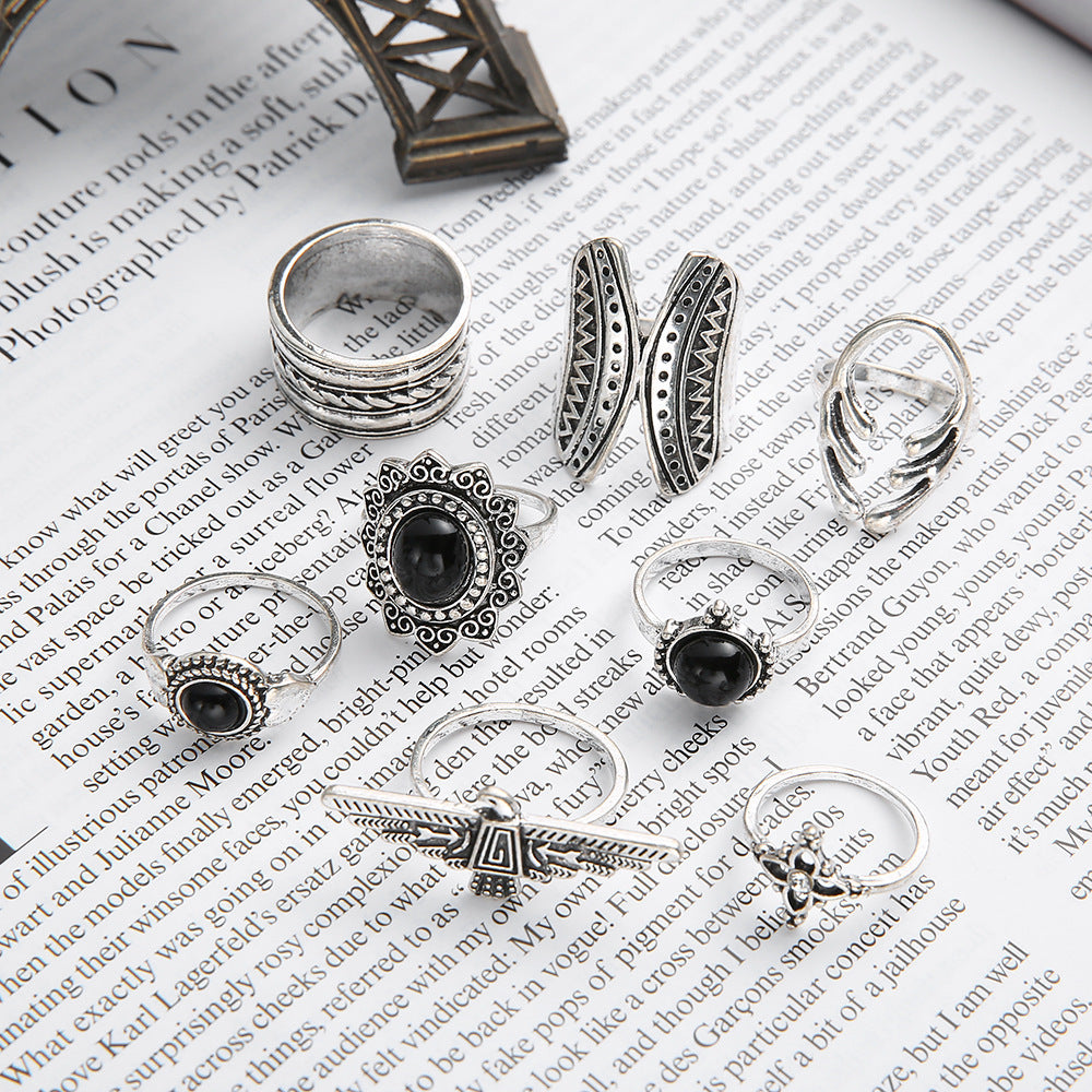 New Trendy Unique Black Onyx Butterfly Ring 8-piece Set