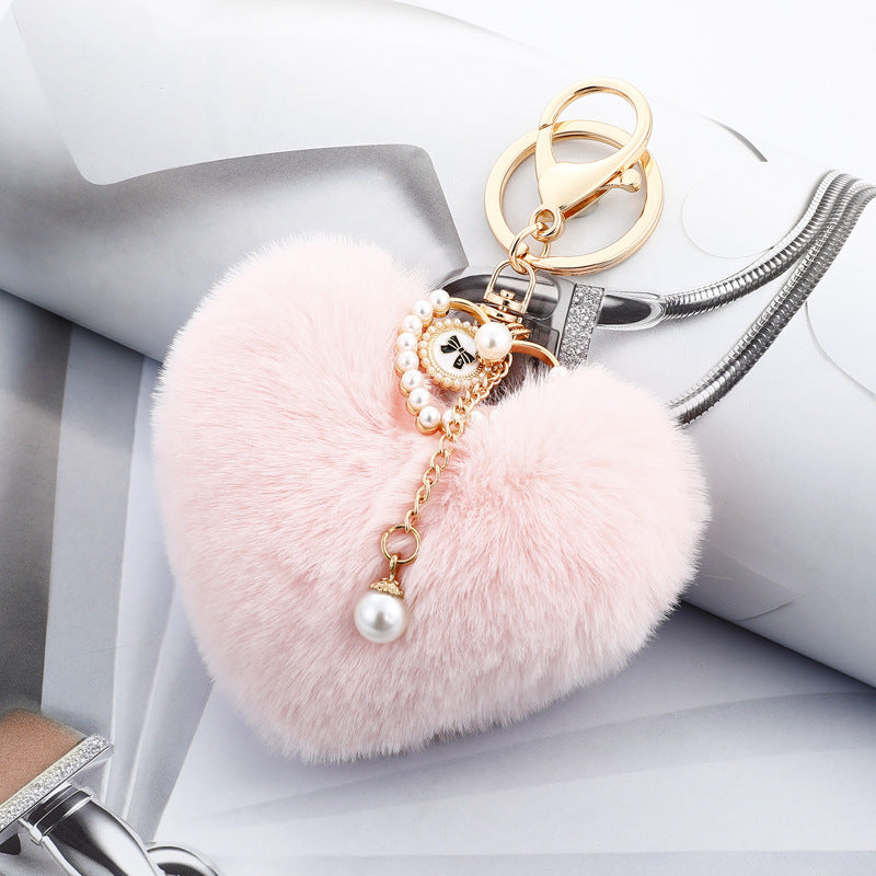 Heart Wool Ball Pearl Keychain Peach Heart Handbag Pendant