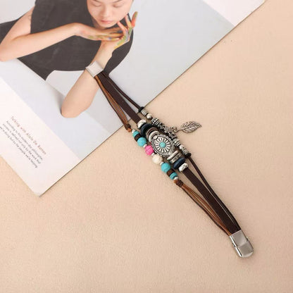 Bohemian Ethnic Style Retro Indian Style Leaves Turquoise Stainless Steel Leather Bracelet