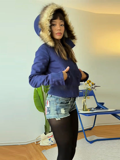 American Detachable Short Fur Collar Hooded PNE-piece Suit Jacket Coat