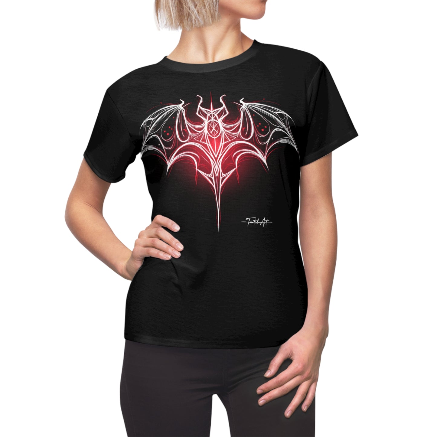 Dark Notes Women's Graphic Tee — Red Gothic Bat Tribal Design
