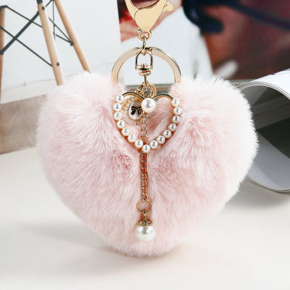 Heart Wool Ball Pearl Keychain Peach Heart Handbag Pendant