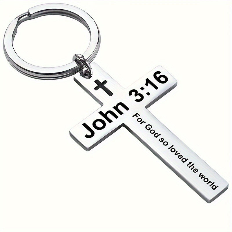 Personality Trend Stainless Steel Faith Cross Scripture Lettering Metal Keychains