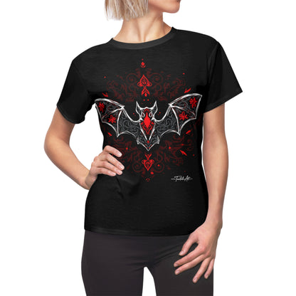 Dark Notes Women's Graphic Tee — Red Gothic Bat Tribal Design
