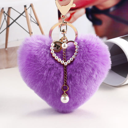 Heart Wool Ball Pearl Keychain Peach Heart Handbag Pendant