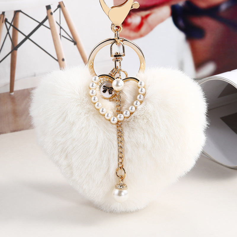 Heart Wool Ball Pearl Keychain Peach Heart Handbag Pendant