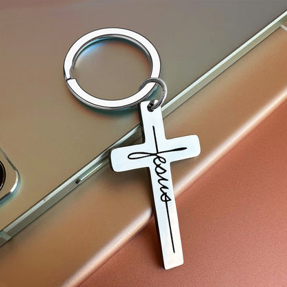 Personality Trend Stainless Steel Faith Cross Scripture Lettering Metal Keychains