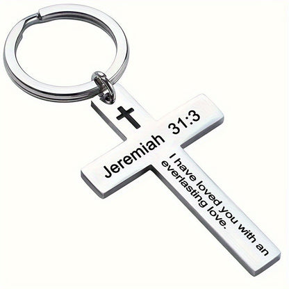 Personality Trend Stainless Steel Faith Cross Scripture Lettering Metal Keychains