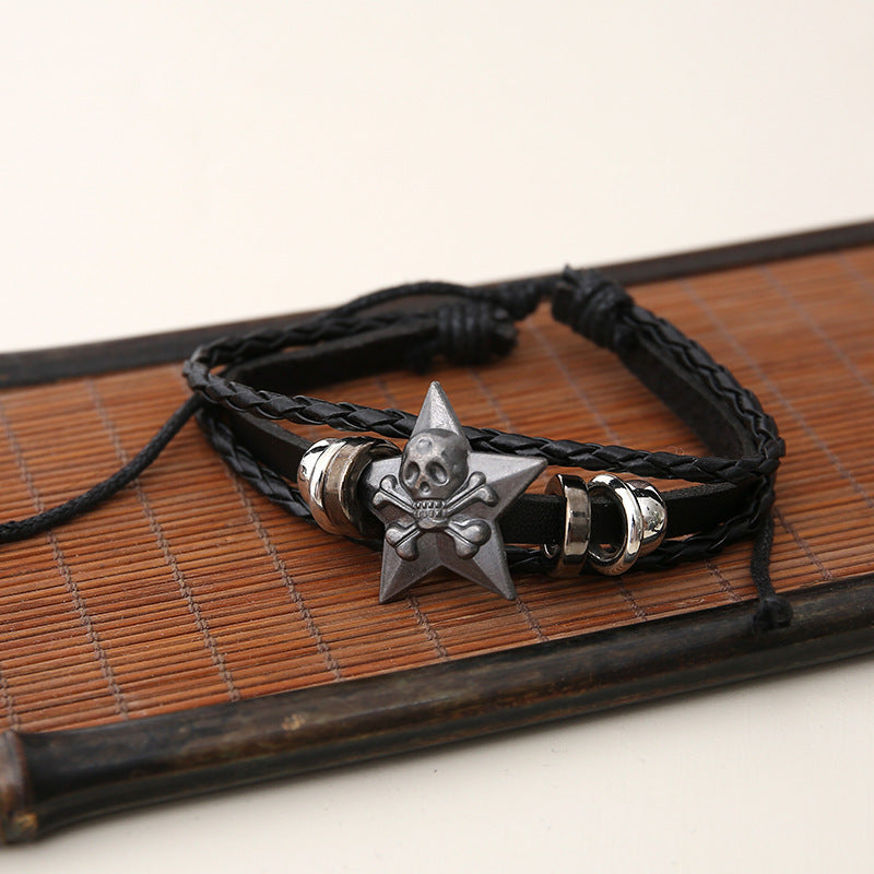 Punk Leather Bracelet Men's Hand Decoration Alloy Bracelet Fashion Woven Skull