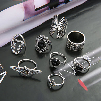 New Trendy Unique Black Onyx Butterfly Ring 8-piece Set