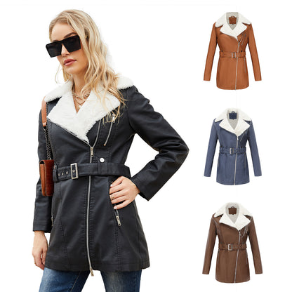 Long Sleeve Fleece Leather Jacket Women