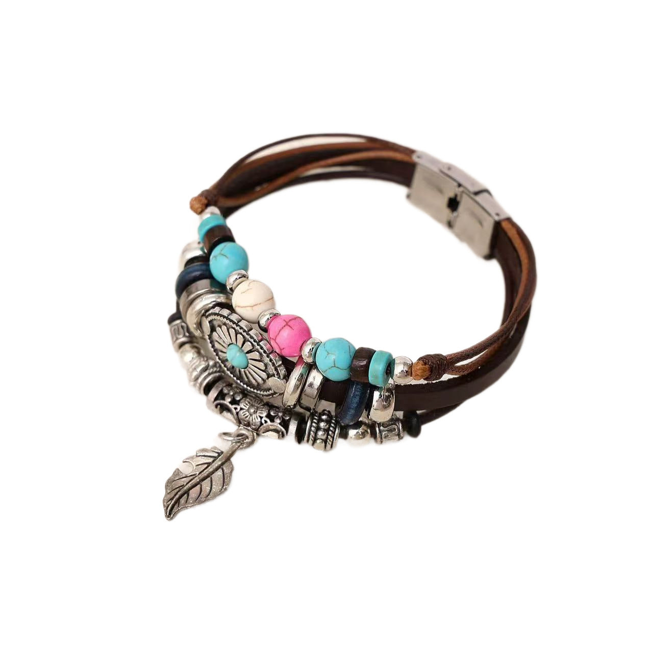 Bohemian Ethnic Style Retro Indian Style Leaves Turquoise Stainless Steel Leather Bracelet