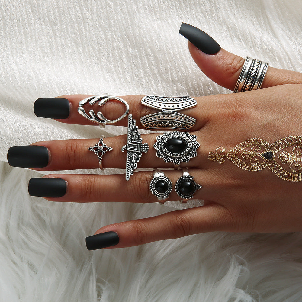 New Trendy Unique Black Onyx Butterfly Ring 8-piece Set