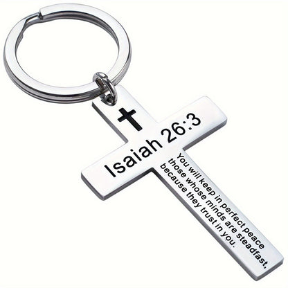 Personality Trend Stainless Steel Faith Cross Scripture Lettering Metal Keychains