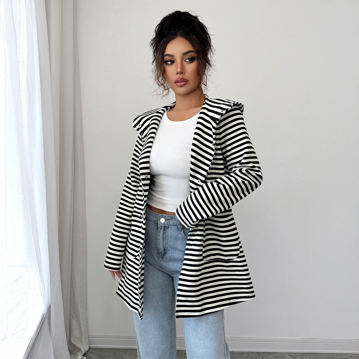 Fake Stripes Long Sleeve Trench Coat