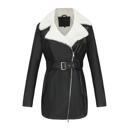Long Sleeve Fleece Leather Jacket Women
