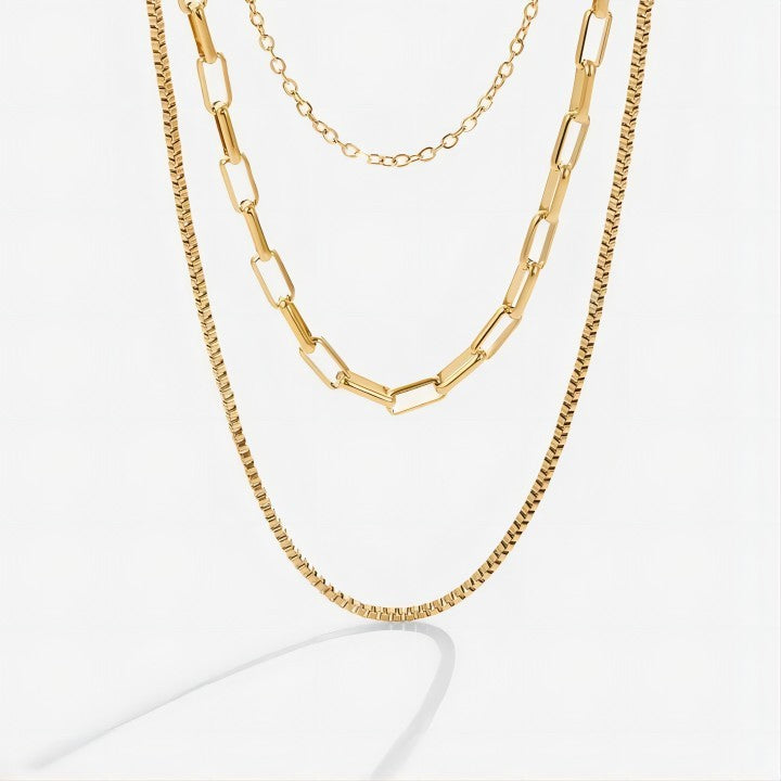 Gold-plated Paper Clip Box Chain Stainless Steel Necklace Three-layer Twin Necklace Ornament Titanium Steel