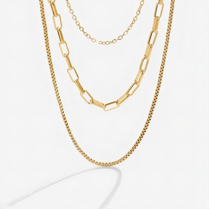 Gold-plated Paper Clip Box Chain Stainless Steel Necklace Three-layer Twin Necklace Ornament Titanium Steel