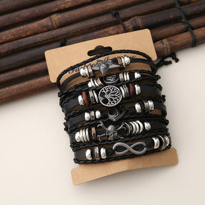 Punk Ornament Personalized Beaded Multi-layer Leather 6-piece Set Men's Bracelet