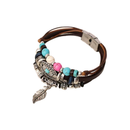 Bohemian Ethnic Style Retro Indian Style Leaves Turquoise Stainless Steel Leather Bracelet