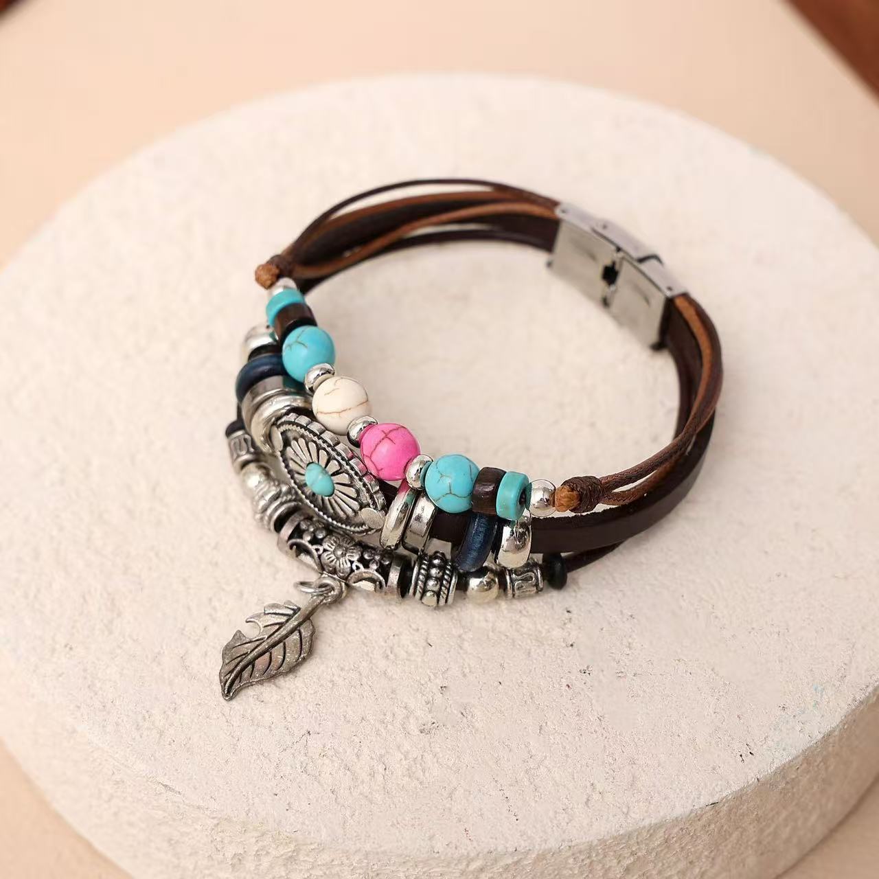 Bohemian Ethnic Style Retro Indian Style Leaves Turquoise Stainless Steel Leather Bracelet