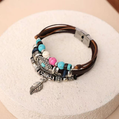 Bohemian Ethnic Style Retro Indian Style Leaves Turquoise Stainless Steel Leather Bracelet