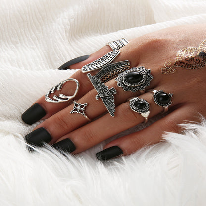 New Trendy Unique Black Onyx Butterfly Ring 8-piece Set