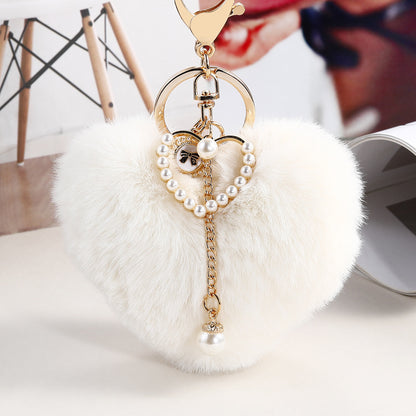 Heart Wool Ball Pearl Keychain Peach Heart Handbag Pendant