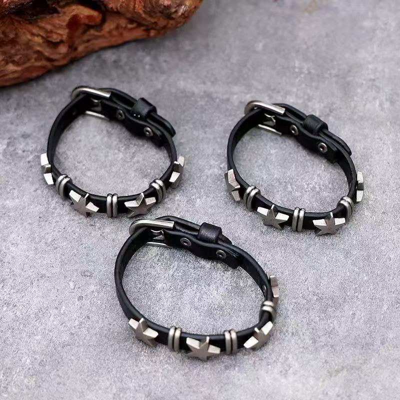 Men's Ornament Personality Street Punk Five-pointed Star Retro Cattle Leather Bracelet