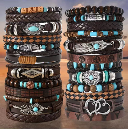 Multi-layer Peacock Feather Leather Woven Match Sets Multi-color Mixed Bracelet Diamond