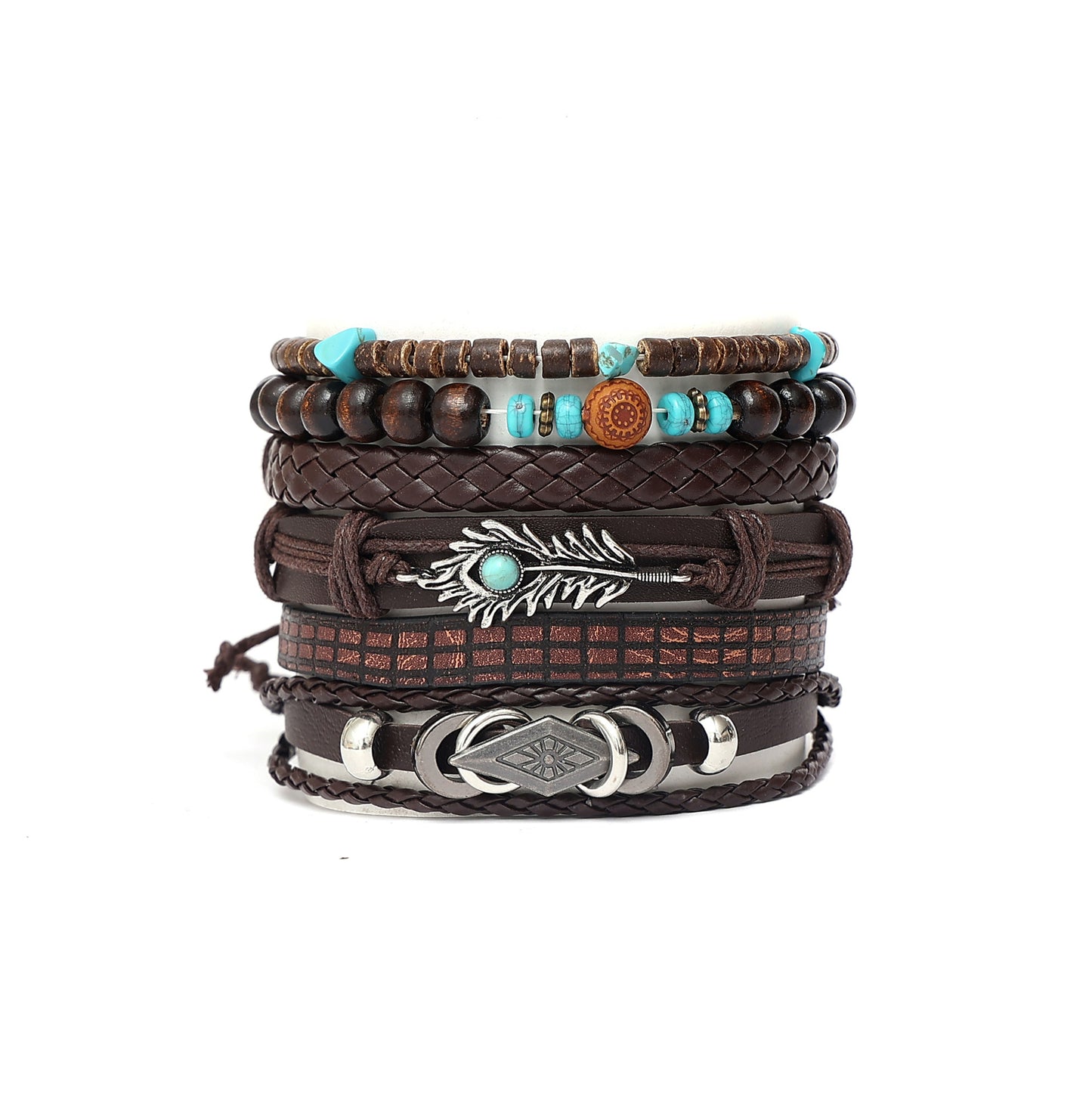 Multi-layer Peacock Feather Leather Woven Match Sets Multi-color Mixed Bracelet Diamond