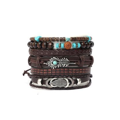 Multi-layer Peacock Feather Leather Woven Match Sets Multi-color Mixed Bracelet Diamond