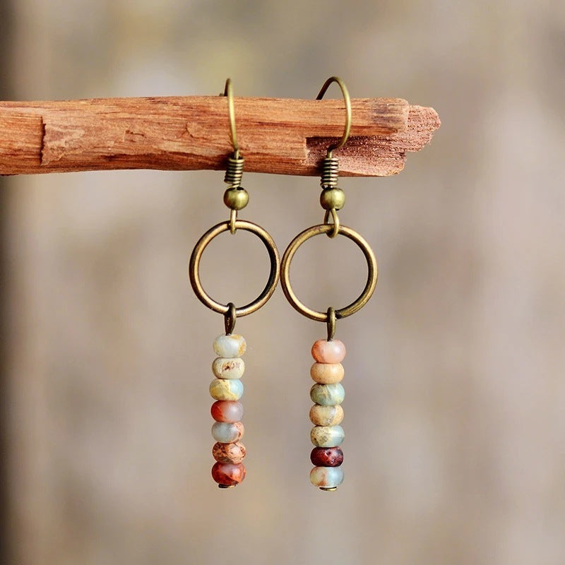 Retro Style Women's Shoushan Stone Beads Earrings Hollow Bead Earrings